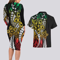 Polynesian Plumeria Floral Tattoo Pattern Couples Matching Long Sleeve Bodycon Dress and Hawaiian Shirt Reggae Style