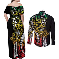 Polynesian Plumeria Floral Tattoo Pattern Couples Matching Off Shoulder Maxi Dress and Long Sleeve Button Shirt Reggae Style