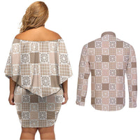 Hawaiian Palaka Quilt Pattern Couples Matching Off Shoulder Short Dress and Long Sleeve Button Shirt Hawaii Culture Honu Turtle - Polynesian Pride