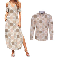 Hawaiian Palaka Quilt Pattern Couples Matching Summer Maxi Dress and Long Sleeve Button Shirt Hawaii Culture Honu Turtle - Polynesian Pride