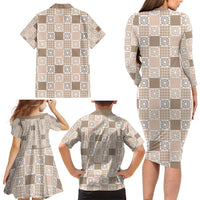 Hawaiian Palaka Quilt Pattern Family Matching Long Sleeve Bodycon Dress and Hawaiian Shirt Hawaii Culture Honu Turtle - Polynesian Pride
