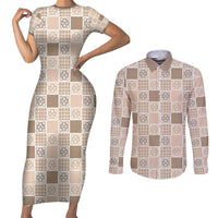 Hawaiian Palaka Quilt Pattern Couples Matching Short Sleeve Bodycon Dress and Long Sleeve Button Shirt Hawaii Culture Tropical Flowers Mix - Polynesian Pride