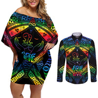 Tonga LGBT Couples Matching Off Shoulder Short Dress and Long Sleeve Button Shirts Love Is Love Ngatu Rainbow Water Color LT9 Black - Polynesian Pride