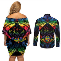 Tonga LGBT Couples Matching Off Shoulder Short Dress and Long Sleeve Button Shirts Love Is Love Ngatu Rainbow Water Color LT9 - Polynesian Pride