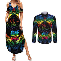 Tonga LGBT Couples Matching Summer Maxi Dress and Long Sleeve Button Shirts Love Is Love Ngatu Rainbow Water Color LT9 Black - Polynesian Pride