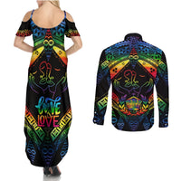 Tonga LGBT Couples Matching Summer Maxi Dress and Long Sleeve Button Shirts Love Is Love Ngatu Rainbow Water Color LT9 - Polynesian Pride