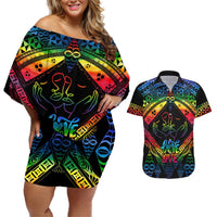 Personalised Tonga LGBT Couples Matching Off Shoulder Short Dress and Hawaiian Shirt Love Is Love Ngatu Rainbow Water Color LT9 Black - Polynesian Pride