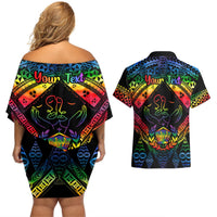 Personalised Tonga LGBT Couples Matching Off Shoulder Short Dress and Hawaiian Shirt Love Is Love Ngatu Rainbow Water Color LT9 - Polynesian Pride