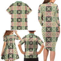 Seamless Pattern Maile and Pikake Lei Family Matching Long Sleeve Bodycon Dress and Hawaiian Shirt Squares Maile Leaf - Polynesian Pride