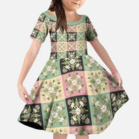 Seamless Pattern Maile and Pikake Lei Family Matching Mermaid Dress and Hawaiian Shirt Squares Maile Leaf LT9 Daughter's Dress Green - Polynesian Pride