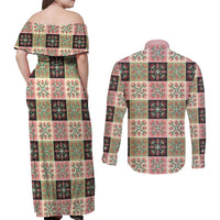 Seamless Pattern Pikake Lei Couples Matching Off Shoulder Maxi Dress and Long Sleeve Button Shirt Floral Squares Pikake - Polynesian Pride