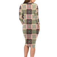 Seamless Pattern Pikake Lei Family Matching Long Sleeve Bodycon Dress and Hawaiian Shirt Floral Squares Pikake - Polynesian Pride