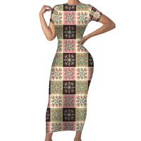 Seamless Pattern Pikake Lei Short Sleeve Bodycon Dress Floral Squares Pikake LT9 Long Dress Pink - Polynesian Pride