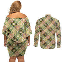 Seamless Pattern Puakenikeni and Kalo Couples Matching Off Shoulder Short Dress and Long Sleeve Button Shirt - Polynesian Pride
