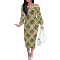 Seamless Pattern Puakenikeni and Kalo Family Matching Off The Shoulder Long Sleeve Dress and Hawaiian Shirt - Polynesian Pride
