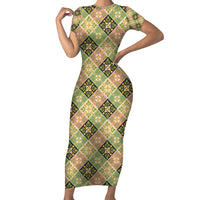 Seamless Pattern Puakenikeni and Kalo Family Matching Short Sleeve Bodycon Dress and Hawaiian Shirt - Polynesian Pride
