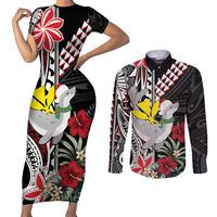 Hawaii Monk Seal Santa Couples Matching Short Sleeve Bodycon Dress and Long Sleeve Button Shirt Hibiscus Kakau Pattern Mele Kalikimaka LT9 Black - Polynesian Pride
