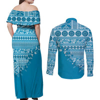 Fiji Marau na Kerisimasi Couples Matching Off Shoulder Maxi Dress and Long Sleeve Button Shirt Aqua Tagimoucia Tapa Masi Tribal - Polynesian Pride