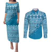 Fiji Marau na Kerisimasi Couples Matching Puletasi and Long Sleeve Button Shirt Aqua Tagimoucia Tapa Masi Tribal LT9 Aqua - Polynesian Pride