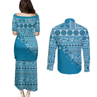 Fiji Marau na Kerisimasi Couples Matching Puletasi and Long Sleeve Button Shirt Aqua Tagimoucia Tapa Masi Tribal LT9 - Polynesian Pride