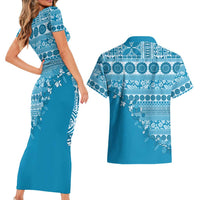 Fiji Marau na Kerisimasi Couples Matching Short Sleeve Bodycon Dress and Hawaiian Shirt Aqua Tagimoucia Tapa Masi Tribal - Polynesian Pride