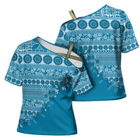 Fiji Marau na Kerisimasi Cross Shoulder Shirt Aqua Tagimoucia Tapa Masi Tribal - Polynesian Pride