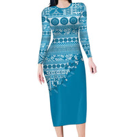 Fiji Marau na Kerisimasi Family Matching Long Sleeve Bodycon Dress and Hawaiian Shirt Aqua Tagimoucia Tapa Masi Tribal - Polynesian Pride