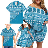 Fiji Marau na Kerisimasi Family Matching Off Shoulder Short Dress and Hawaiian Shirt Aqua Tagimoucia Tapa Masi Tribal - Polynesian Pride