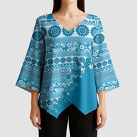 Fiji Marau na Kerisimasi Kimono Sleeve Blouse Aqua Tagimoucia Tapa Masi Tribal LT9 - Polynesian Pride