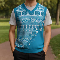 Fiji Marau na Kerisimasi Christmas Knitted V-Neck Vest Aqua Tagimoucia Tapa Masi Tribal - Polynesian Pride