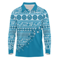 Fiji Marau na Kerisimasi Long Sleeve Polo Shirt Aqua Tagimoucia Tapa Masi Tribal - Polynesian Pride