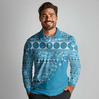 Fiji Marau na Kerisimasi Long Sleeve Polo Shirt Aqua Tagimoucia Tapa Masi Tribal - Polynesian Pride