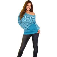 Fiji Marau na Kerisimasi Off Shoulder Sweater Aqua Tagimoucia Tapa Masi Tribal - Polynesian Pride