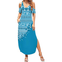 Fiji Marau na Kerisimasi Summer Maxi Dress Aqua Tagimoucia Tapa Masi Tribal - Polynesian Pride