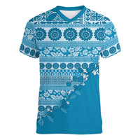 Fiji Marau na Kerisimasi Women V-Neck T-Shirt Aqua Tagimoucia Tapa Masi Tribal - Polynesian Pride