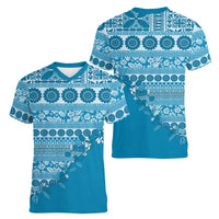 Fiji Marau na Kerisimasi Women V-Neck T-Shirt Aqua Tagimoucia Tapa Masi Tribal - Polynesian Pride