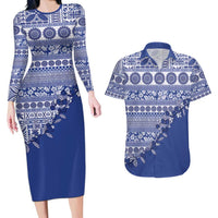 Fiji Marau na Kerisimasi Couples Matching Long Sleeve Bodycon Dress and Hawaiian Shirt Blue Tagimoucia Tapa Masi Tribal - Polynesian Pride