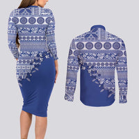 Fiji Marau na Kerisimasi Couples Matching Long Sleeve Bodycon Dress and Long Sleeve Button Shirt Blue Tagimoucia Tapa Masi Tribal - Polynesian Pride