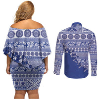 Fiji Marau na Kerisimasi Couples Matching Off Shoulder Short Dress and Long Sleeve Button Shirt Blue Tagimoucia Tapa Masi Tribal - Polynesian Pride