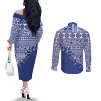 Fiji Marau na Kerisimasi Couples Matching Off The Shoulder Long Sleeve Dress and Long Sleeve Button Shirt Blue Tagimoucia Tapa Masi Tribal - Polynesian Pride