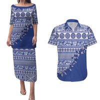 Fiji Marau na Kerisimasi Couples Matching Puletasi and Hawaiian Shirt Blue Tagimoucia Tapa Masi Tribal - Polynesian Pride