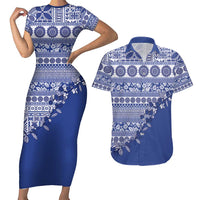 Fiji Marau na Kerisimasi Couples Matching Short Sleeve Bodycon Dress and Hawaiian Shirt Blue Tagimoucia Tapa Masi Tribal - Polynesian Pride