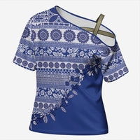 Fiji Marau na Kerisimasi Cross Shoulder Shirt Blue Tagimoucia Tapa Masi Tribal LT9 Female Blue - Polynesian Pride