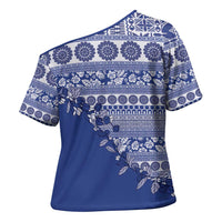 Fiji Marau na Kerisimasi Cross Shoulder Shirt Blue Tagimoucia Tapa Masi Tribal LT9 - Polynesian Pride