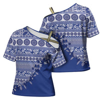 Fiji Marau na Kerisimasi Cross Shoulder Shirt Blue Tagimoucia Tapa Masi Tribal LT9 - Polynesian Pride