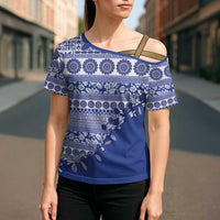 Fiji Marau na Kerisimasi Cross Shoulder Shirt Blue Tagimoucia Tapa Masi Tribal LT9 - Polynesian Pride