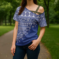 Fiji Marau na Kerisimasi Cross Shoulder Shirt Blue Tagimoucia Tapa Masi Tribal LT9 - Polynesian Pride