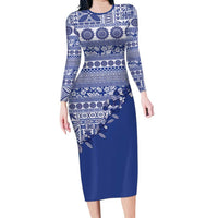 Fiji Marau na Kerisimasi Family Matching Long Sleeve Bodycon Dress and Hawaiian Shirt Blue Tagimoucia Tapa Masi Tribal - Polynesian Pride