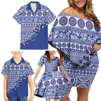 Fiji Marau na Kerisimasi Family Matching Off Shoulder Short Dress and Hawaiian Shirt Blue Tagimoucia Tapa Masi Tribal - Polynesian Pride