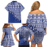 Fiji Marau na Kerisimasi Family Matching Off Shoulder Short Dress and Hawaiian Shirt Blue Tagimoucia Tapa Masi Tribal - Polynesian Pride